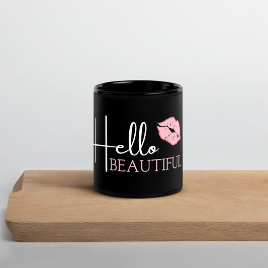 Hello Beautiful Black Glossy Mug