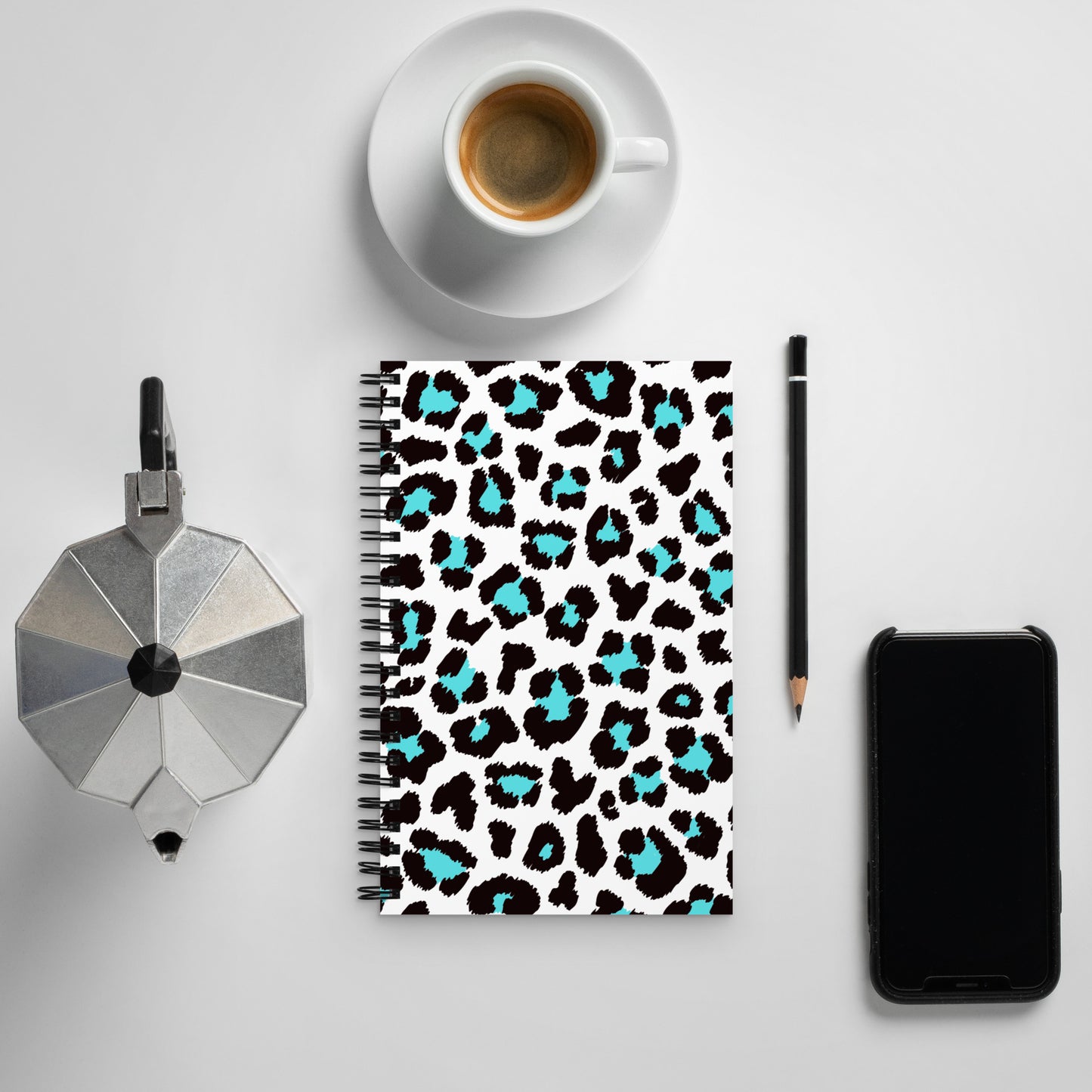 White Leopard and Teal Spiral notebook